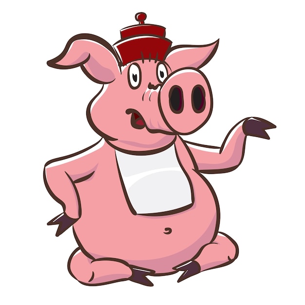 Cute pig in hat and bib shows a little teapot. Pink piggy cartoon character vector stock illustration.