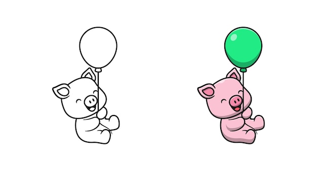 Cute pig holding balloon cartoon coloring pages for kids