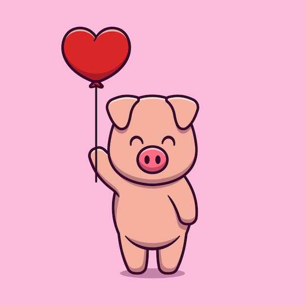 Cute pig holding love balloon cartoon icon illustration