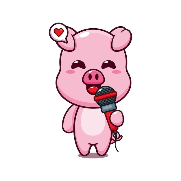 cute pig holding microphone cartoon vector illustration