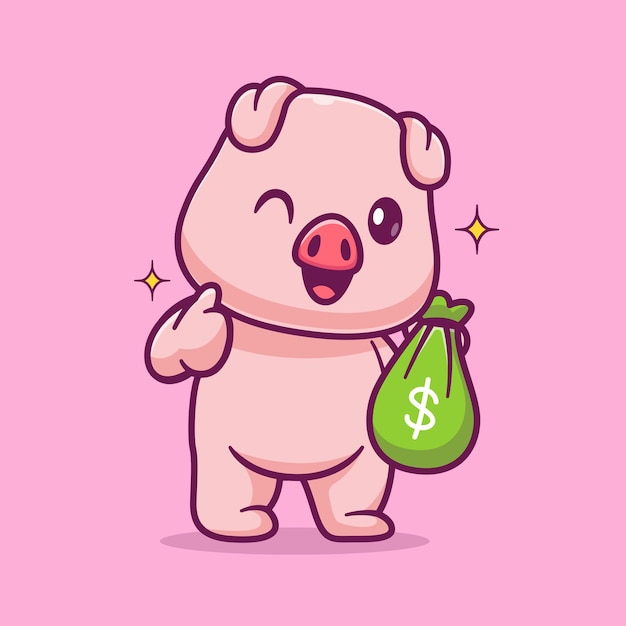 Cute Pig Holding Money Bag With Thumb Up Cartoon Vector Icon Illustration Animal Finance Isolated