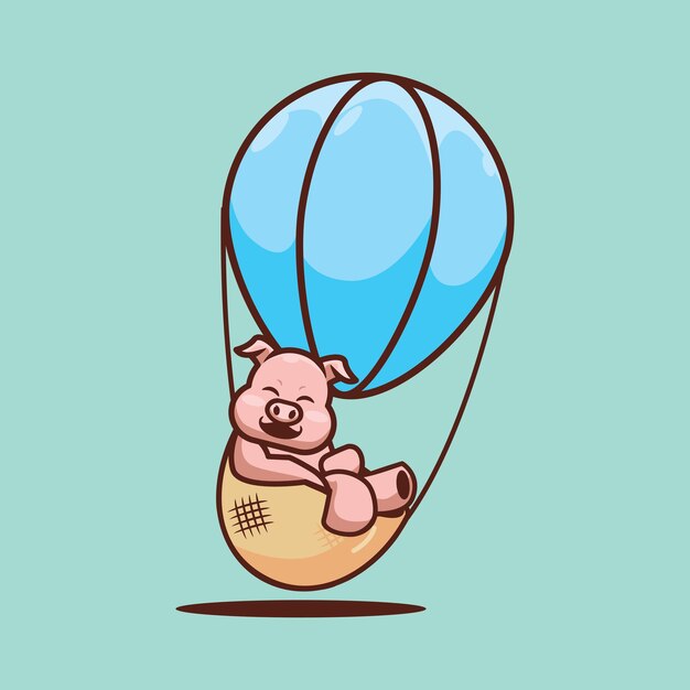 cute pig hot air balloon ride cartoon mascot vector