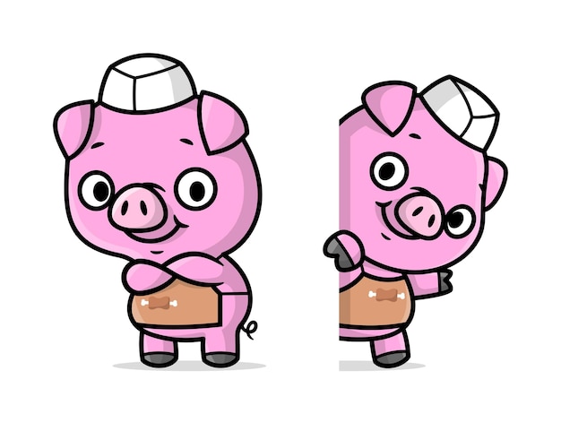 CUTE PIG IS WEARING BUTCHER HAT AND APRON CARTOON MASCOT DESIGN IN TWO DIFFERENT MOVES