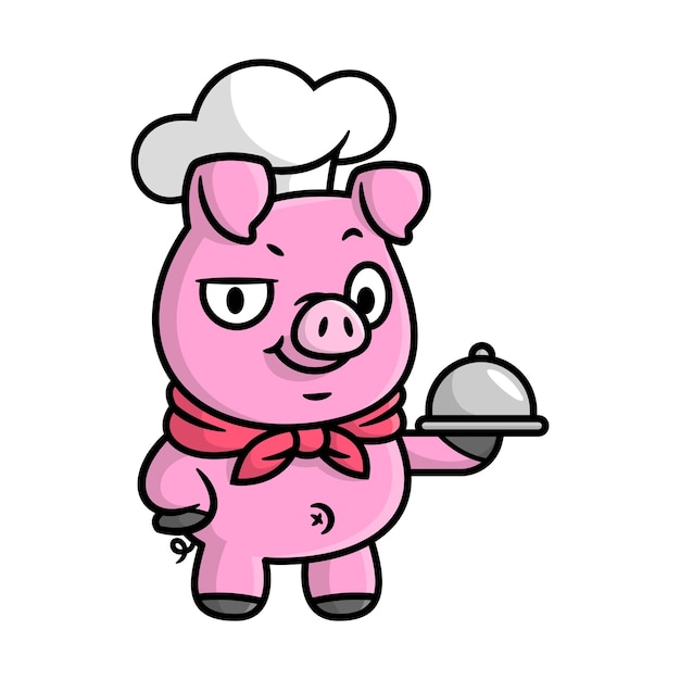 CUTE PIG IS WEARING CHEF HAT AND SCARF AND SERVING FOOD CARTOON MASCOT DESIGN