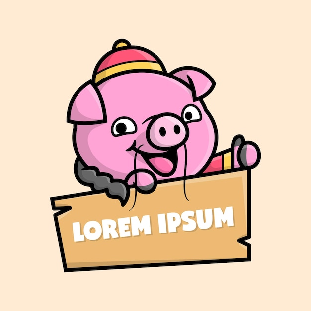 THE CUTE PIG IS WEARING CHINESE CLOTHING AND HOLDING A WOODEN BOARD CARTOON MASCOT