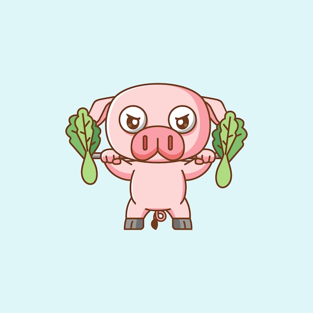 Cute pig lifting vegetable barbel food kawaii chibi character mascot illustration outline style