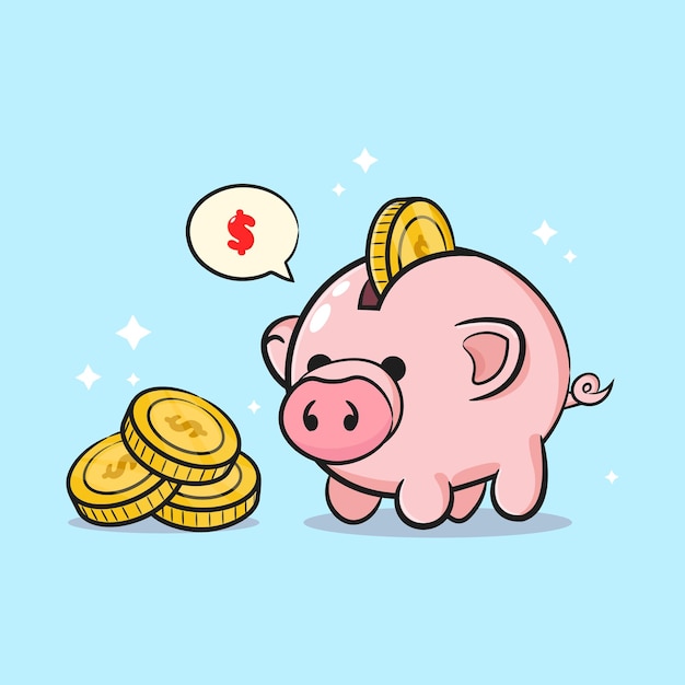 Cute pig money box money and stack of coins saving money business icon isolated on blue background