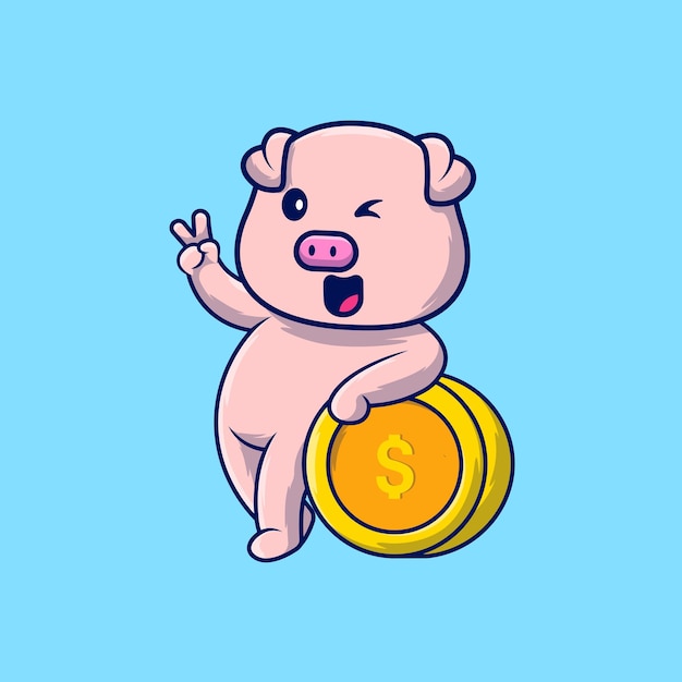 Cute Pig Peace Hand With Gold Coin Cartoon Vector Icons Illustration