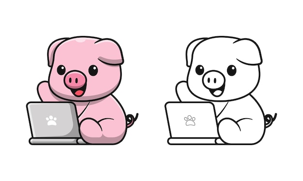 Cute pig playing laptop cartoon coloring pages for kids