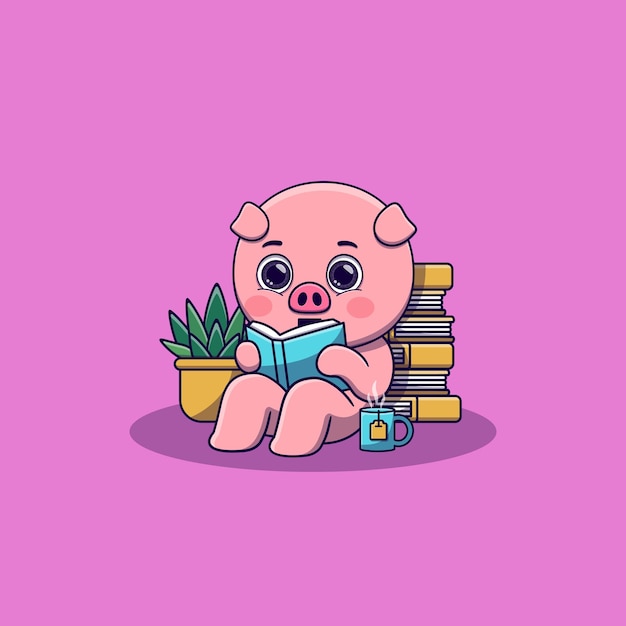 Cute pig sitting while reading book