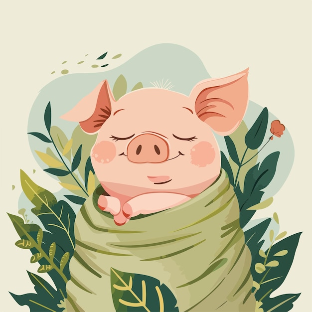 Vector cute pig sleeping wrapped in green blanket surrounded by tropical plants illustration farm animal livestock domestic animal cartoon character adorable sleepy peaceful tranquil serene nature