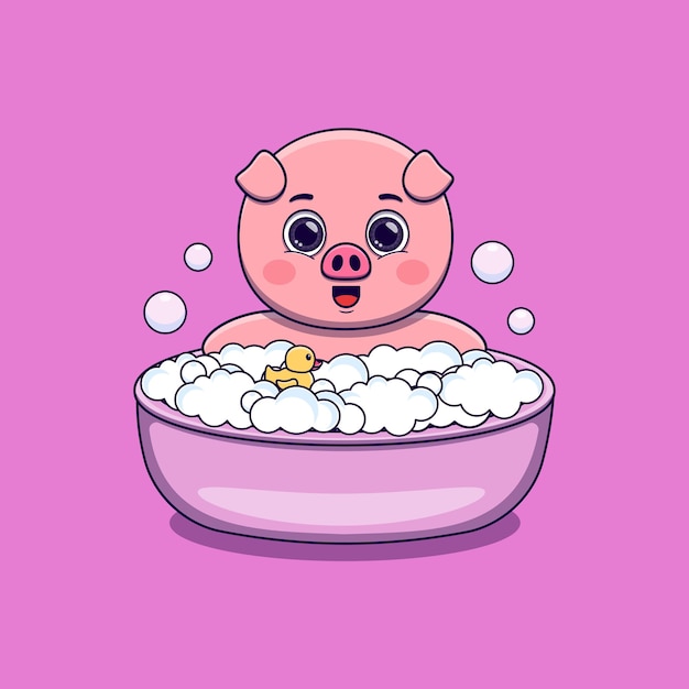 Cute pig taking bath with duck toy and bubbles