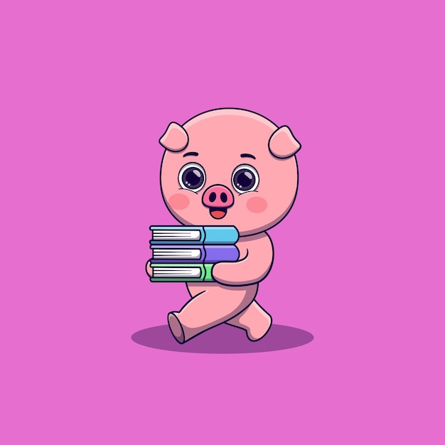 Cute pig walking and bring some books