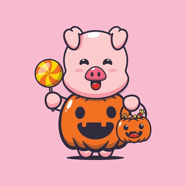 cute pig with halloween pumpkin costume cute halloween cartoon illustration