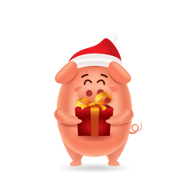 Cute pig with red cap carrying a gift box for christmas with isolated 