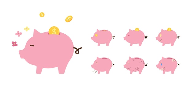 Cute Piggy bank emoji cartoon vector Financial freedom finance market save money deposit collec