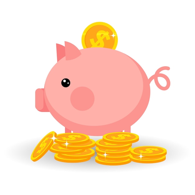 Cute piggy bank and golden coins dollars. Finance and business concept. Illustration, vector