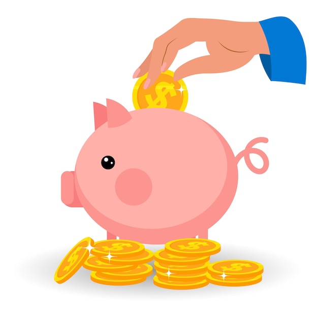 Cute piggy bank, hand and gold coins dollars. Finance and business concept. Illustration, vector