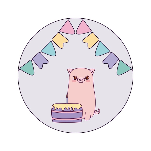 Cute piggy with cake birthday and garlands