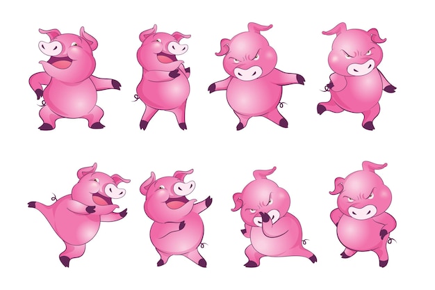 Cute pigs cartoon character cheerful funny dancing many actions