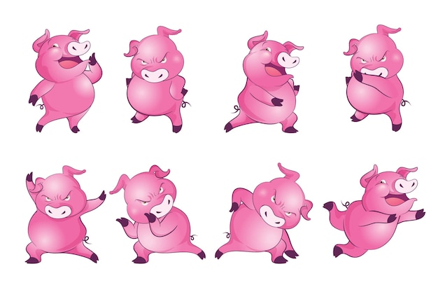 Cute pigs cartoon character cheerful funny dancing many actions