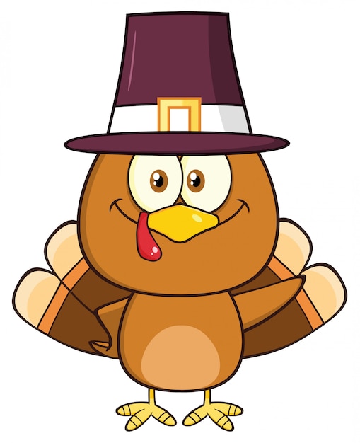 Cute Pilgrim Turkey Bird Cartoon Character Waving.