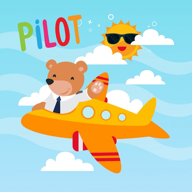 Cute Pilot Bear On The Sky Animal Occupation Illustration