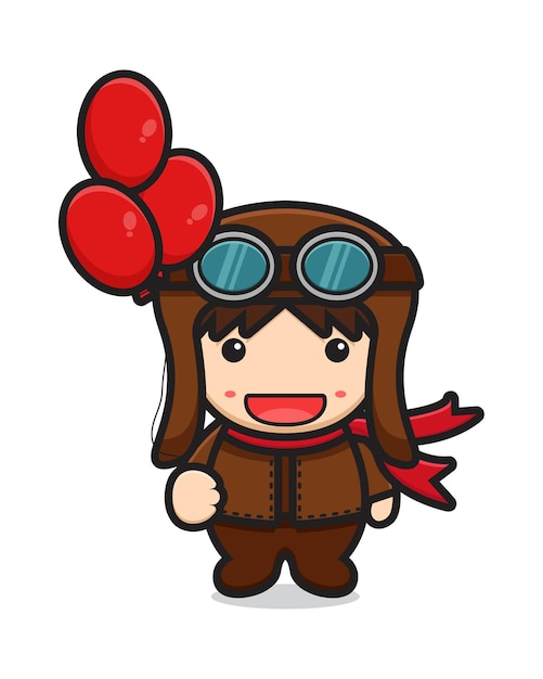 Cute pilot mascot character holding balloons