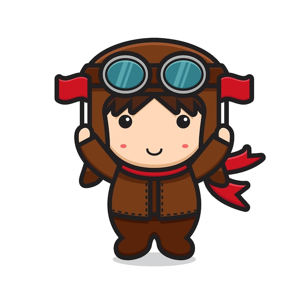 Cute pilot mascot character holding flags