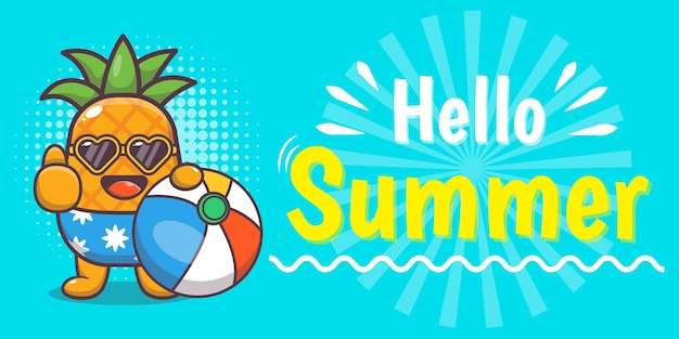 Cute pineapple character with summer greeting banner