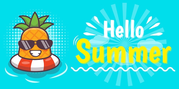 Cute pineapple character with summer greeting banner