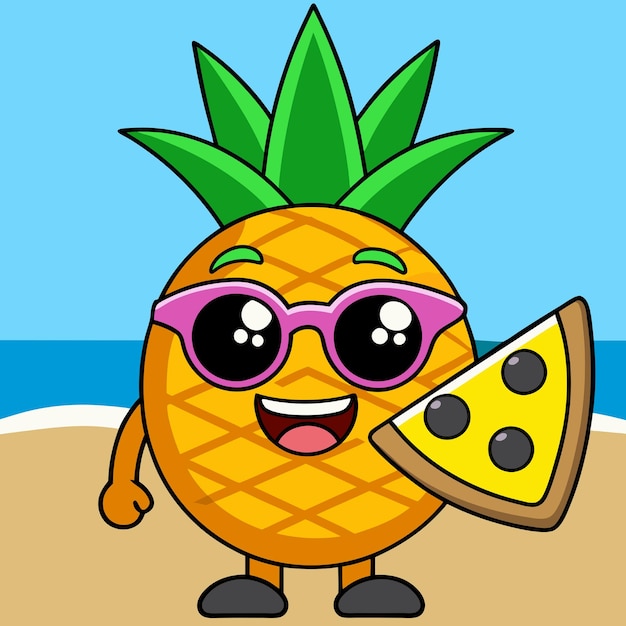 Vector cute pineapple eating pizza cartoon vector icon illustration summer fruit icon concept isolated premium vector flat cartoon style