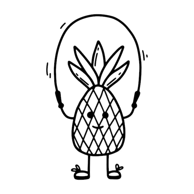 Cute pineapple jump rope Sports hobbies exercise Doodle style Vector pineapple in kawaii style Sports healthy pineapple The concept of doing sports