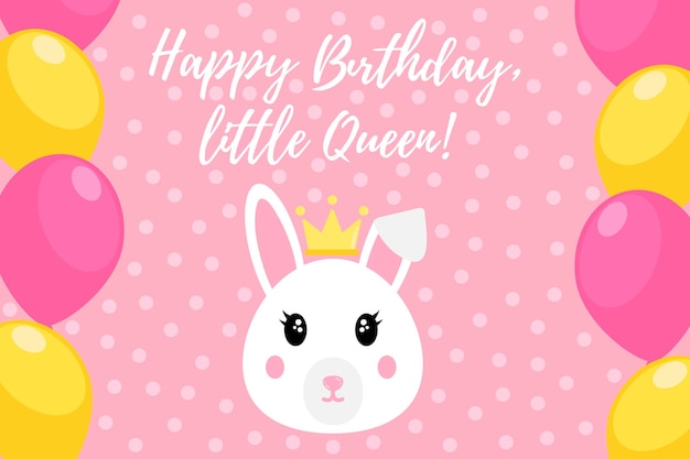 Cute pink birthday greetings with bunny princess card for girls with balloon in flat style