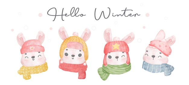 Cute pink bunny rabbit with winter outfit clothe watercolour illustration vector hand drawing