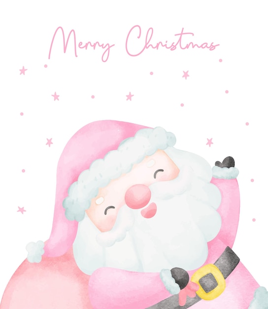 Cute Pink Christmas Santa Claus with Sack watercolor Cartoon character Hand Painting