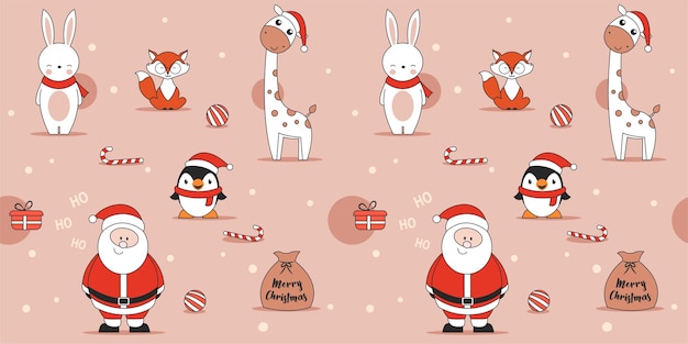 Cute pink Christmas seamless pattern with penguin rabbit fox giraffe and Santa Claus