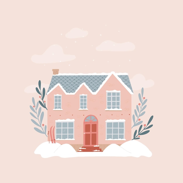 cute pink cottage, countryside house decorated with floral elements for cards, posters, prints