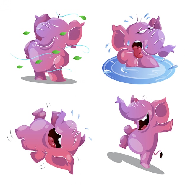 Cute pink elephant in 4 different poses and emotions