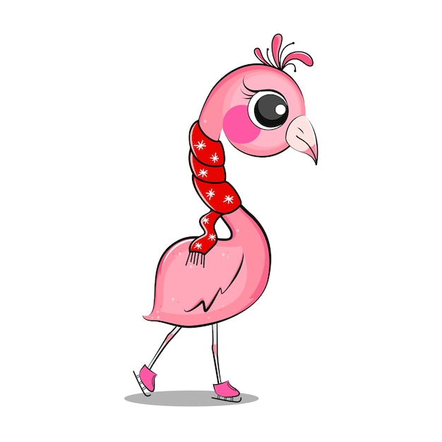 Cute pink flamingo in red scarf. Vector stock illustration.