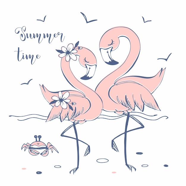 Cute pink flamingos on the sea beach Summer time Vector