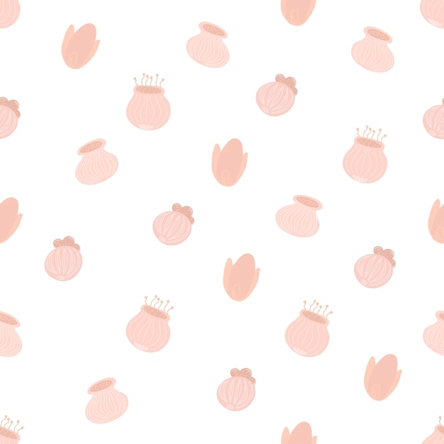 Cute pink flower buds isolated on white background drawing vector seamless pattern Cartoon style for textile wrapping paper background flat design