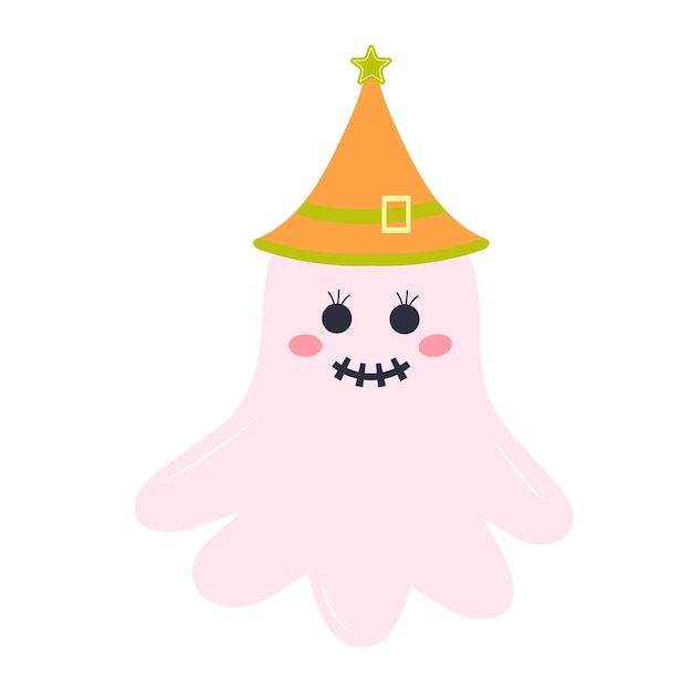 Cute pink ghost in a hat Halloween character isolated on white background