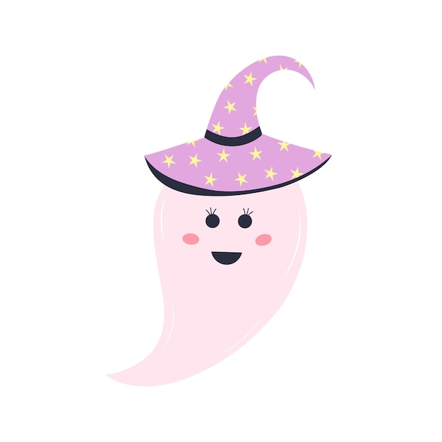 Cute pink ghost in a hat Halloween character isolated on white background