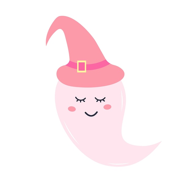 Cute pink ghost in a hat Halloween character isolated on white background