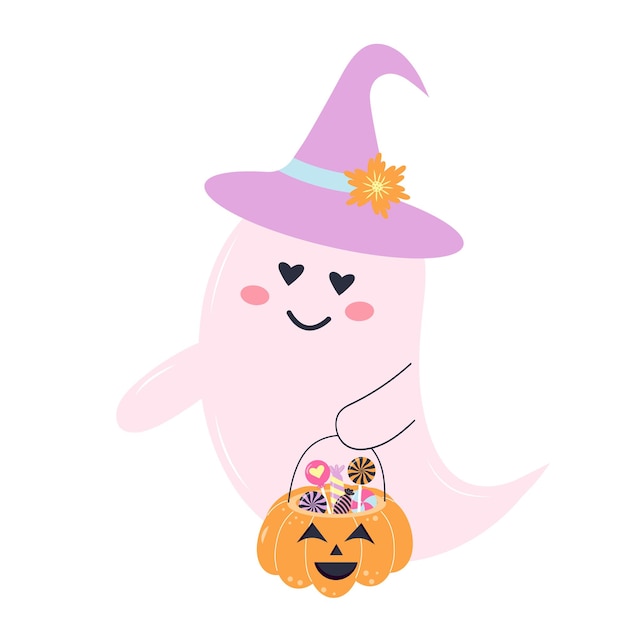 Cute pink ghost in a hat with pumpkin basket full of candies Halloween character isolated on white