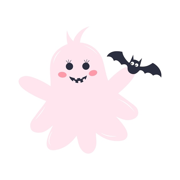 Cute pink ghost with a bat Halloween character isolated on white background