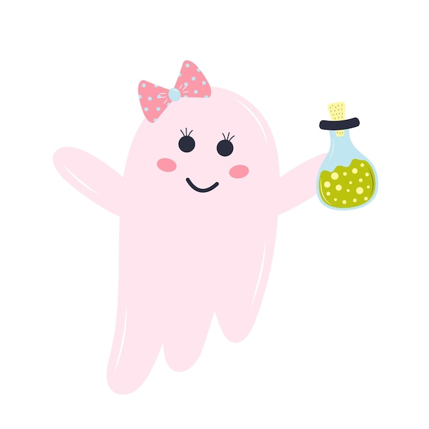 Cute pink ghost with a bottle of potion and hair bow Halloween character isolated on white