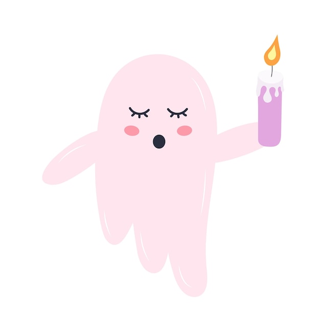 Cute pink ghost with a candle Halloween funny scary character isolated on white background