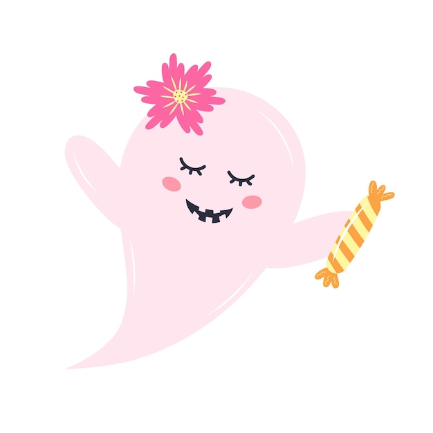 Cute pink ghost with candy and flower Halloween character isolated on white background